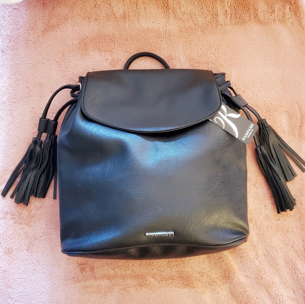 Rampage Black Faux Leather Backpack w/ Tassels